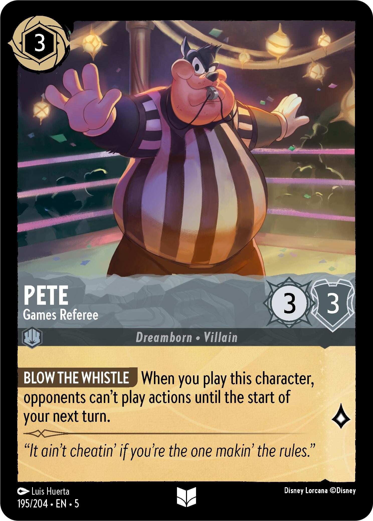 The Disney Pete - Games Referee (195/204) [Shimmering Skies] playing card showcases Pete, a rotund Games Referee in a black and white striped uniform. With his arm raised, the text at the bottom of the card details his ability: 