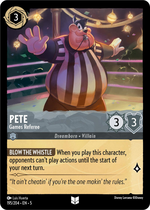 The Disney Pete - Games Referee (195/204) [Shimmering Skies] playing card showcases Pete, a rotund Games Referee in a black and white striped uniform. With his arm raised, the text at the bottom of the card details his ability: "Blow the Whistle," which prevents opponents from playing actions. This card includes 3 cost, 3 strength, and 3 willpower.