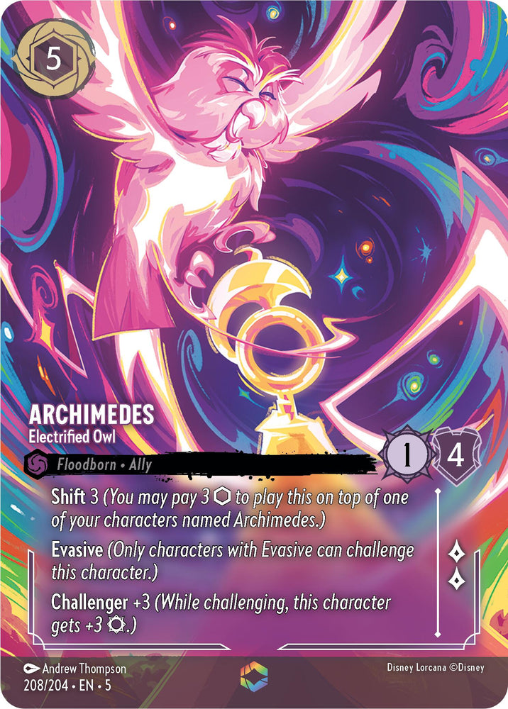 The **Archimedes - Electrified Owl (Enchanted) (208/204) [Shimmering Skies]** card by *Disney* showcases a vibrant design featuring Archimedes, an electrified owl crackling with energy, surrounded by lightning. This enchanted rarity card highlights Archimedes' abilities and stats, including Shift 3, Evasive, and Challenger +3. The magical background is adorned with swirling colors and arcane symbols.