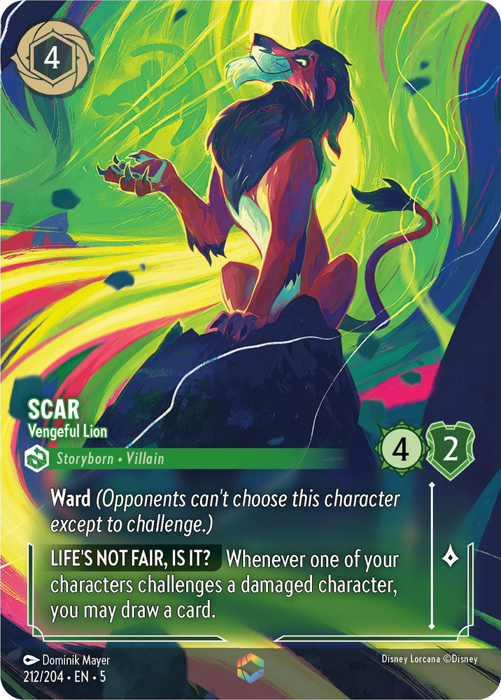 Introducing the trading card "Scar - Vengeful Lion (Enchanted) (212/204)" from Disney Lorcana's Shimmering Skies collection. Scar stands majestically on a rock with a captivating enchanted green and purple background. His abilities include Ward and "Life's Not Fair, Is It?", which allows you to draw a card when challenging a damaged character. This card showcases attack/willpower stats of 4/2 and is numbered 212 out of 204.