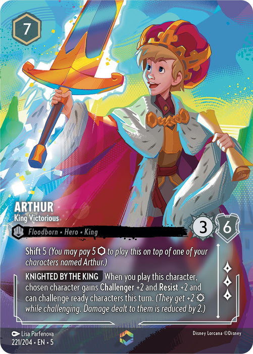 The Arthur - King Victorious (Enchanted) (221/204) [Shimmering Skies] trading card from Disney features a young Arthur holding a sword aloft, dressed in a red and gold outfit with a cape and wearing a golden crown. The colorful background is adorned with geometric shapes under the Shimmering Skies. The card includes stats and special abilities for Arthur, depicted as an enchanted Floodborn Hero and King.