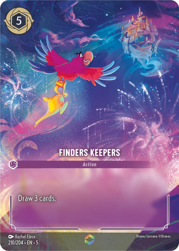 A vibrant trading card titled "Finders Keepers (Enchanted)" from Disney, depicts a bird with red and blue feathers flying while holding a golden scepter against the fantastical Shimmering Skies background. The card has an effect that reads, "Draw 3 cards," and it is illustrated by Rachel Elese, marked as card 210/204 in the series.