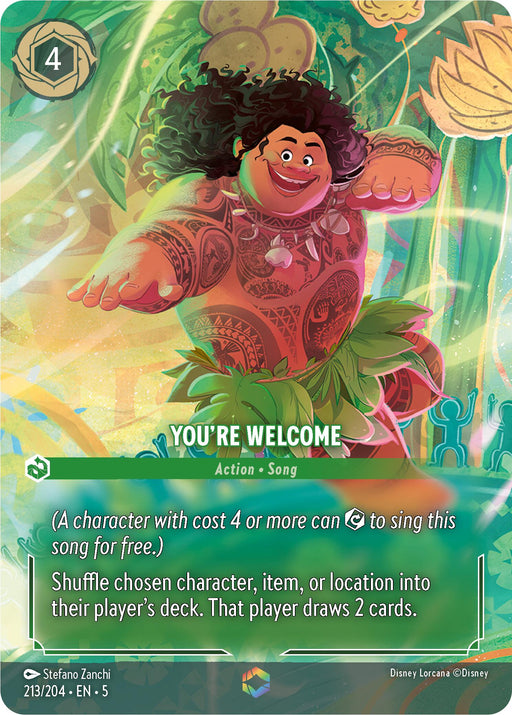 An illustration of a Disney card, "You're Welcome (Enchanted) (213/204) [Shimmering Skies]," portrays a joyful character with curly hair dressed in green foliage attire against a glowing, enchanted backdrop. The card text describes its mechanics, indicating that it allows the player to shuffle a chosen card into their deck and draw two cards.