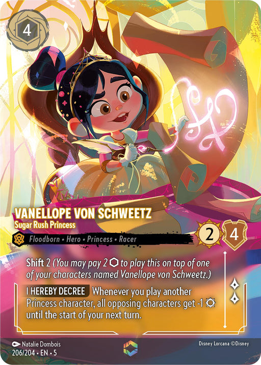 A Disney Lorcana trading card named "Vanellope von Schweetz - Sugar Rush Princess (Enchanted) (206/204) [Shimmering Skies]," featuring the exuberant Vanellope with her dark hair in a ponytail, dressed in a mint green hoodie. She holds a pink sword and radiates energy against a vibrant background that highlights her abilities and stats. Text reads “Vanellope Von Schweetz.”