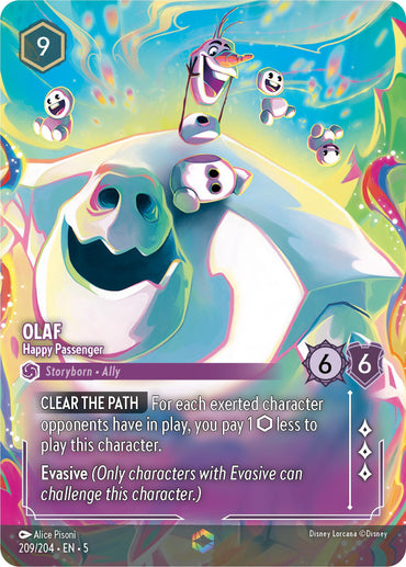 The Disney card titled "Olaf - Happy Passenger (Enchanted) [Shimmering Skies]" showcases Olaf from Frozen. Priced at 9 cost and offering 6/6 in strength and willpower, the card depicts Olaf joyfully riding a reindeer sled alongside small snowmen. With special abilities like "Clear the Path" and "Evasive," this enchanted addition to your collection is uniquely numbered 209/204.