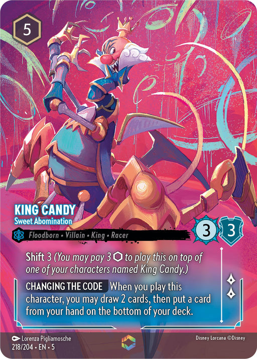 A Disney Lorcana trading card titled "King Candy - Sweet Abomination (Enchanted) (218/204)" from the Shimmering Skies series. The card features a pink and red background with swirling patterns. King Candy, depicted with white fluffy hair, a crown, and a scepter, is shown riding a mechanical insect. The card provides stats, abilities, and play instructions.