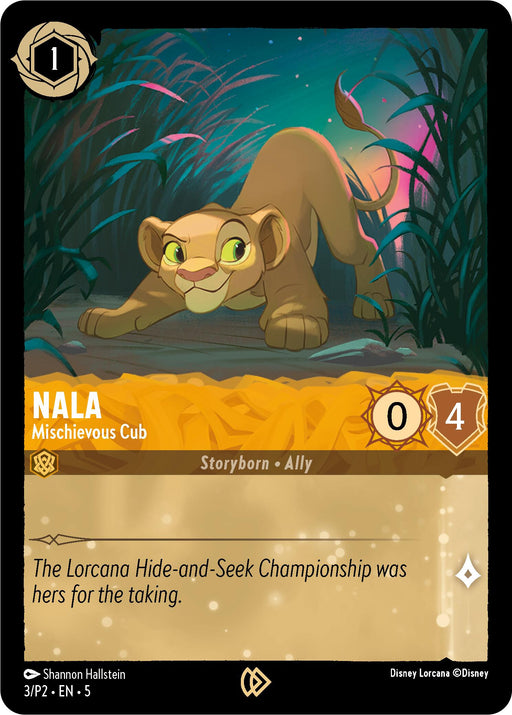 Presenting the Disney Lorcana "Nala - Mischievous Cub (3) [Promo Cards]" trading card, showcasing Nala from "The Lion King." The card illustrates her playfully crouching in tall grass. With details on Inkwell, rarity, skill, and trait, this promo card proudly declares: "The Lorcana Hide-and-Seek Championship was hers for the taking.