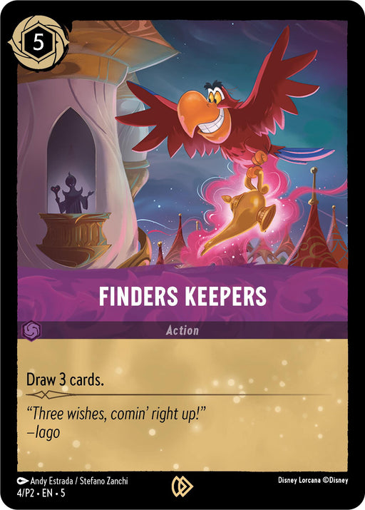 The Disney promo card "Finders Keepers (4)" from the Lorcana series showcases an animated red parrot holding a glowing golden lamp, soaring over turreted village roofs. With a cost of 5 and an effect that allows you to "Draw 3 cards," it features a quote from Iago: "Three wishes, comin' right up!" Scheduled for release on August 9, 2024.