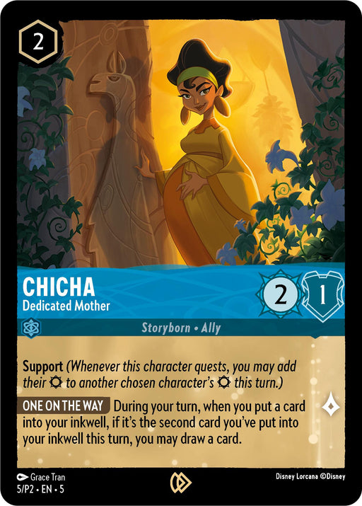 Here is a trading card featuring "Chicha - Dedicated Mother (5)" from Disney Lorcana, part of the 2024 promo card release. This card showcases Chicha in a serene garden filled with flowers, wearing a yellow dress and a headscarf. It has stats of cost 2, power 2, and willpower 1, and includes Support and One On The Way abilities.