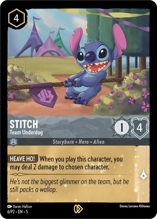 A promo card from Disney Lorcana, named "Stitch - Team Underdog (6)," features Stitch from "Lilo & Stitch." The card's border is black with a yellow gem symbol at the bottom. Stitch carries a purple sling and shield, and the text reads: "When you play this character, you may deal 2 damage to chosen character." The release date is 2024-08-09.