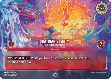 A vibrant fantasy card titled "Ratigan's Party - Seedy Back Room (Enchanted) (216/204)" from Disney's Shimmering Skies collection. The card depicts a lively party scene with anthropomorphic characters and warm, enchanted lighting. It has attributes of 1 and 7. The text reads: "MISFITS' REVELRY: While you have a damaged character here, this location gets +2 [symbol].