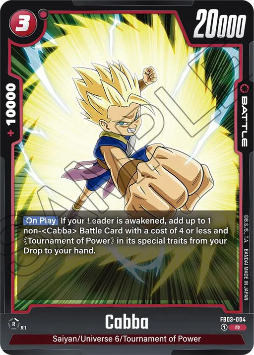 A Battle Card from the Dragon Ball Super: Fusion World series, titled "Cabba [Raging Roar]" with the code "FB03-004," features Cabba in a combat pose with spiky blonde hair. The card showcases his Raging Roar ability and includes stats such as "3 Energy," "+10000 Power," and "20000 Battle Power.