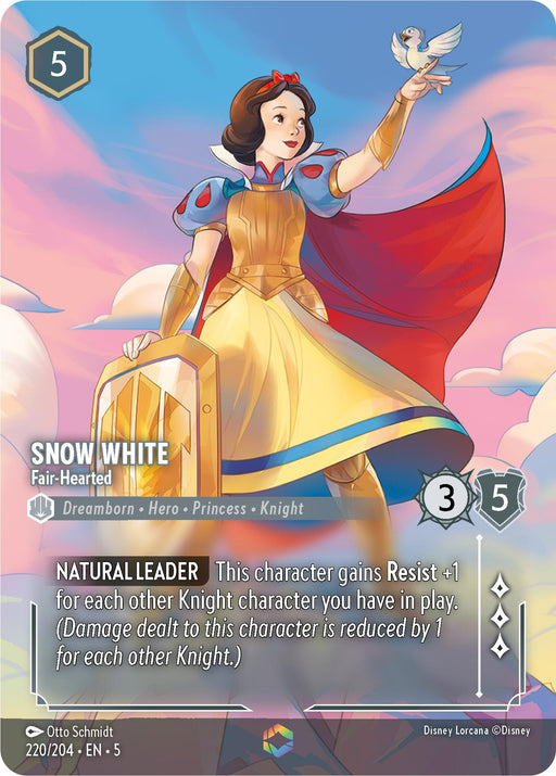 A Disney Lorcana trading card, "Snow White - Fair-Hearted (Enchanted) (220/204) [Shimmering Skies]," showcases Snow White dressed in her iconic blue and yellow gown with a red cape, wielding a sword. This card costs 5 resources and has stats of 3 attack and 5 defense. The text reads: "NATURAL LEADER: This character gains Resist +1 for each other Enchanted Knight character you have.