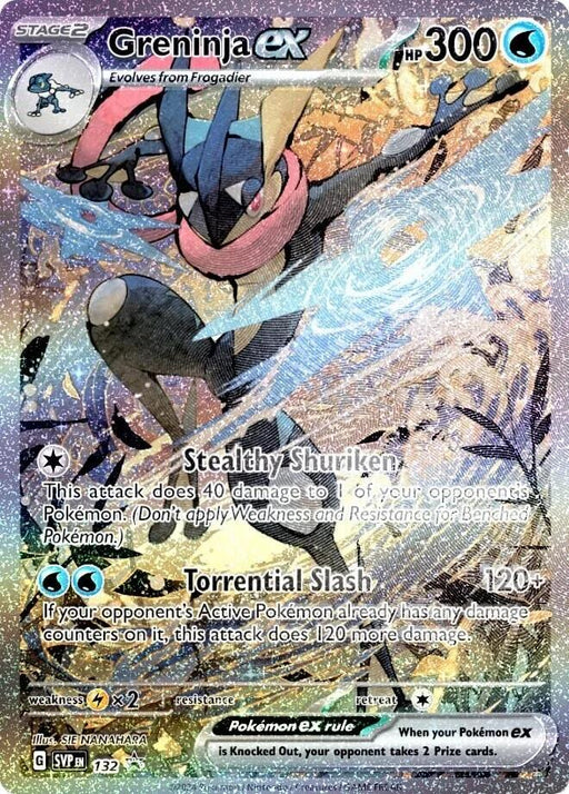 Introducing the Greninja ex (132) trading card from the Pokémon Scarlet & Violet: Black Star Promos series. This Water Type holographic card boasts 300 HP and features two dynamic moves: Stealthy Shuriken and Torrential Slash. The card's shimmering silver background is adorned with various symbols, highlighting a dramatic action pose of Greninja surrounded by water and shurikens.