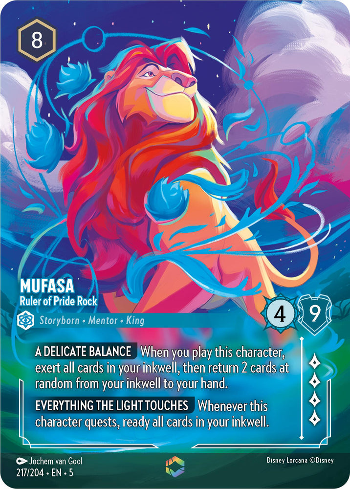 The trading card "Mufasa - Ruler of Pride Rock (Enchanted) (217/204) [Shimmering Skies]" from Disney features a vibrant image of Mufasa from "The Lion King," surrounded by a colorful aura. The text details his abilities: "A Delicate Balance," which allows retrieval of cards from the inkwell, and "Everything the Light Touches," which enables quest readiness of cards. Mufasa boasts impressive stats of 8, 4, and 9.