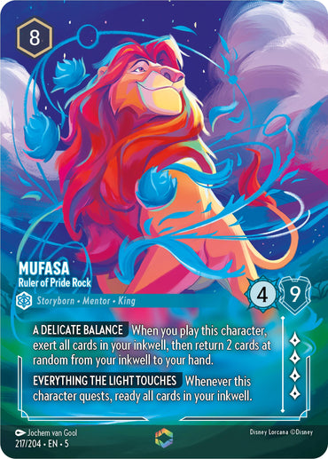 The trading card "Mufasa - Ruler of Pride Rock (Enchanted) (217/204) [Shimmering Skies]" from Disney features a vibrant image of Mufasa from "The Lion King," surrounded by a colorful aura. The text details his abilities: "A Delicate Balance," which allows retrieval of cards from the inkwell, and "Everything the Light Touches," which enables quest readiness of cards. Mufasa boasts impressive stats of 8, 4, and 9.