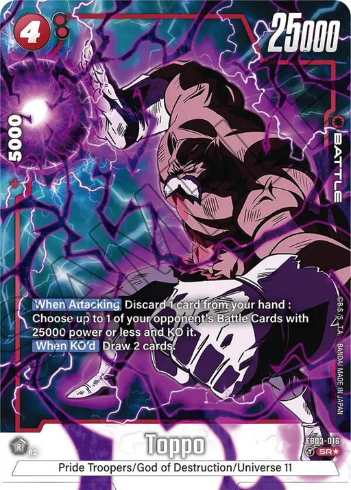 The product, Toppo (FB03-016) (Alternate Art) [Raging Roar] from Dragon Ball Super: Fusion World, features Toppo in a formidable stance with intense energy radiating around him. The card details his impressive stats: a Battle Power of 25,000 and Combo Power of 5,000 along with activation requirements. The Raging Roar card is accentuated with purple and blue edges.