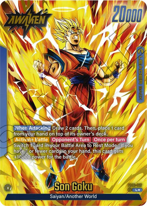 A rectangular trading card from Dragon Ball Super: Fusion World features an alternate art illustration of a powerful, muscular character named Son Goku (FB03-027) with spiky yellow hair surrounded by golden energy. The background is filled with electric yellow and white streaks. Dubbed "Raging Roar," the card text provides game instructions and boasts a power level of 20,000.