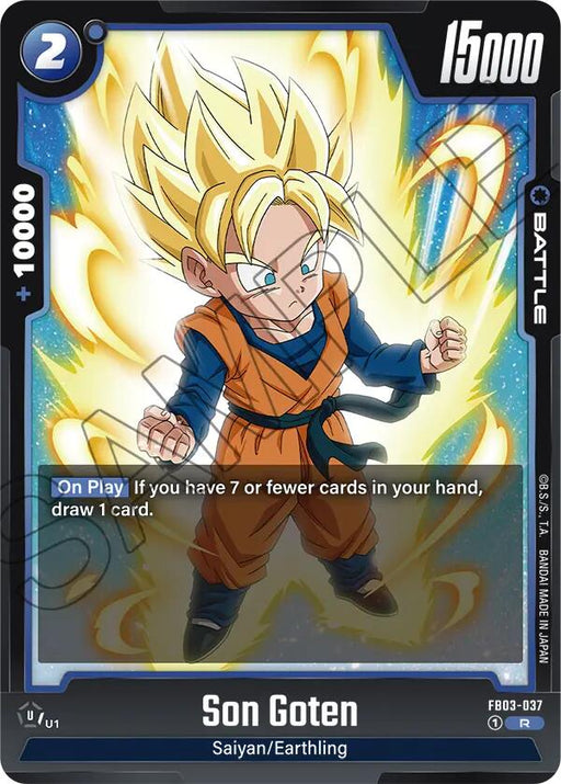 A Dragon Ball Super: Fusion World Battle Card featuring Son Goten [Raging Roar] with his spiky, golden hair and iconic orange and blue martial arts outfit. The card displays "15,000" power, "10,000" shield, and costs "2" energy. Special ability: "If you have 7 or fewer cards in hand, draw 1 card.