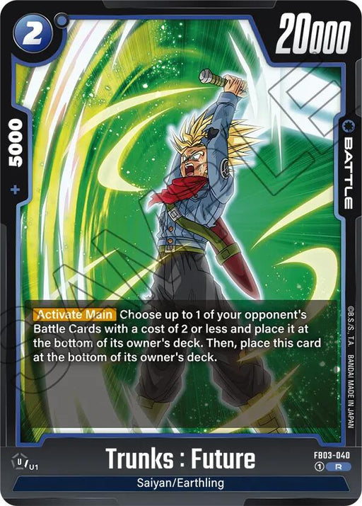 The Dragon Ball Super: Fusion World card, Trunks : Future [Raging Roar], features Trunks with blue hair and a red scarf, charging with energy. This Battle Card has a battle power of 20,000 and costs 2 energy. It showcases the Raging Roar ability to move an opponent's card and itself to the bottom of their decks.