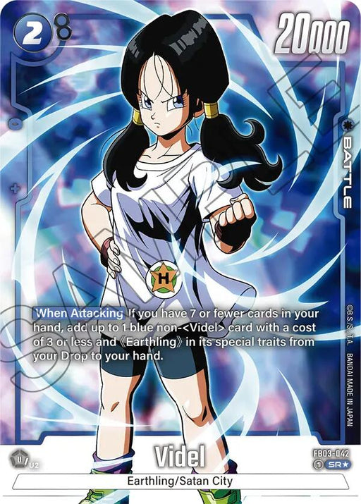 Check out the Super Rare trading card, Videl (FB03-042) (Alternate Art) [Raging Roar], from the Dragon Ball Super: Fusion World series. This card features Videl with her iconic black twin pigtails, clad in a white shirt adorned with an orange "H" symbol and green gloves. Boasting a power of 20,000 and costing 2 energy, it highlights her Raging Roar abilities set against a vibrant, dynamic background.