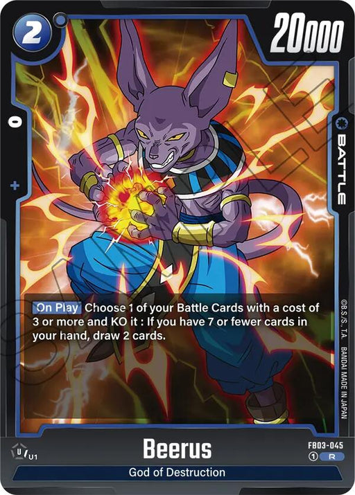 The image showcases a Battle Card titled Beerus (FB03-045) [Raging Roar] from the Dragon Ball Super: Fusion World series. It features Beerus, a cat-like deity with purple skin and Egyptian-themed attire, charging a fiery energy orb. The card details include "20,000" power and a cost of "2," highlighting the title "God of Destruction: Raging Roar.