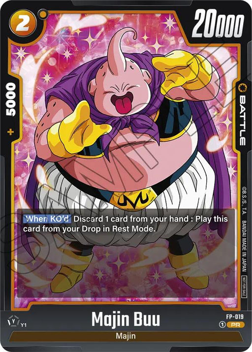 A Dragon Ball Super: Fusion World trading card featuring Majin Buu (FP-019) from the Fusion World Promotion Cards series. The character is depicted with pink skin, a curving antenna on his head, wearing a purple cape, yellow gloves, and white pants. This Battle Card has a power level of 20,000 and includes game instructions in a blue box.