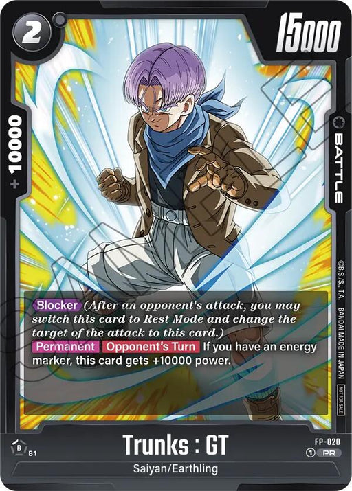 The "Trunks : GT (FP-020) [Fusion World Promotion Cards]" from Dragon Ball Super: Fusion World showcases Trunks GT in a dynamic pose with a determined expression, surrounded by energy bursts. The card stats are 2 energy cost, 15,000 power, +10,000. It features abilities such as "Blocker" and "Permanent." At the bottom of the card, it reads "Trunks: GT, Saiyan.