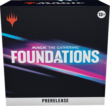 A dark box prominently displays the "Magic: The Gathering" brand at the top, showcasing the "Foundations - Prerelease Pack" in vibrant, gradient letters. The design includes diagonal streaks of blue, pink, and purple. The Magic logo embellishes the top left corner, with an elegant inscription of "Prerelease Packs" at the bottom. Suitable for ages 13 and up.