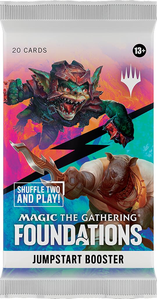 Magic: The Gathering Foundations Jumpstart Booster Pack image showcases a fantasy goblin on the left and a warrior rhinoceros on the right, with 