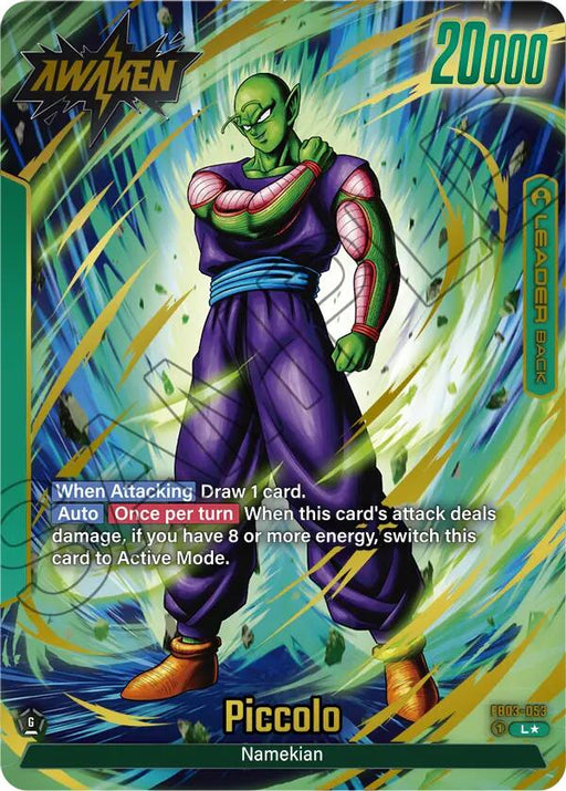 A trading card from the Dragon Ball Super: Fusion World series features Piccolo (FB03-053) in an alternate art style. The Leader Card shows Piccolo with arms crossed, set against a dynamic, colorful background. Text on the card includes "Awaken," "Piccolo," "Raging Roar," and various gameplay instructions. The card's power level is 20000.