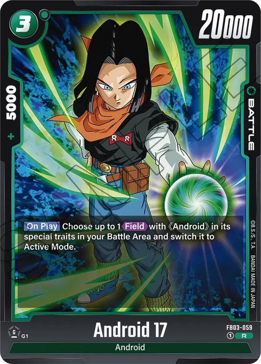 Introducing the Android 17 [Raging Roar] battle card from Dragon Ball Super: Fusion World. This card showcases Android 17 in a black shirt with rolled-up sleeves, blue jeans, and a green bandana, as he charges a green energy ball in his hand. The card details his impressive power stats: 20000 power, 5000 combo points, and an energy cost of 3.