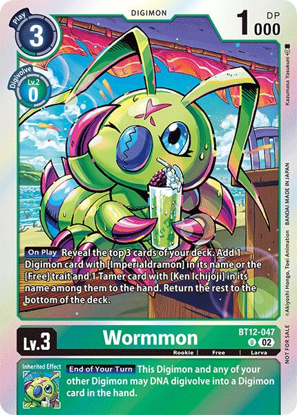 The "Wormmon [BT12-047] - BT12-047 (Gen Con 2024)" trading card from the Digimon brand showcases Wormmon, a Level 3 Rookie-type Digimon with a DP of 1000. The card features an illustration of a green caterpillar-like creature with large blue eyes, drinking from a cup filled with blue liquid. Associated with Ken Ichijoji, Wormmon can evolve into the powerful Imperialdramon.