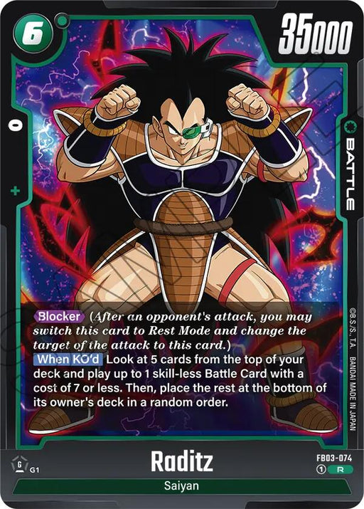 A Dragon Ball Super: Fusion World Raging Roar battle card featuring Raditz (FB03-074). The card showcases Raditz in a fighting pose with spiked hair, brown Saiyan armor, and a tail. It boasts 6 energy, 35,000 power, “Blocker” and “When KO’d” abilities. Numbered FB03-074, it's a Rare Battle type card.