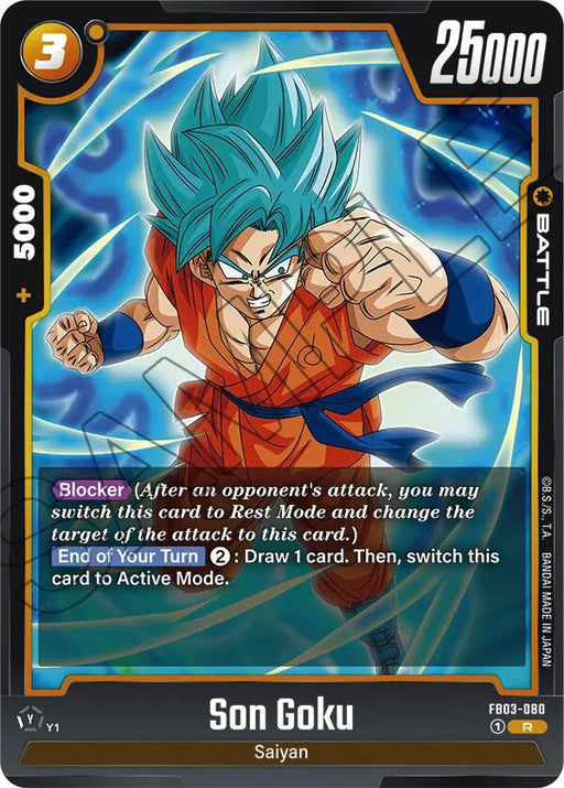 Introducing the Son Goku (FB03-080) [Raging Roar] card from Dragon Ball Super: Fusion World. This battle card showcases Son Goku in a dynamic fighting pose with glowing blue hair, boasting a power level of 25,000 and a battle score of 5000. The card highlights his abilities: "Blocker," "End of Your Turn," and his type as "Saiyan." Unleash the Raging Roar!