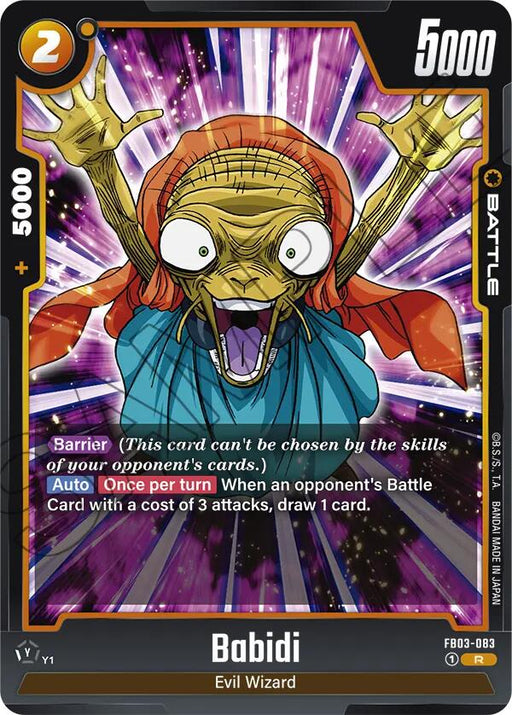 Introducing the "Dragon Ball Super: Fusion World" trading card, Babidi (FB03-083) [Raging Roar]. This rare card showcases Babidi, an Evil Wizard, with a menacing expression and outstretched hands. He is draped in a red cloak over a blue garment. Boasting 5000 power and an energy cost of 2, this card features special abilities like "Raging Roar" detailed around the image.