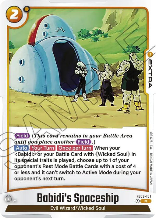 A Dragon Ball Super: Fusion World trading card titled "Babidi's Spaceship [Raging Roar]" features an image of Babidi's spaceship on grassy terrain with three muscular characters standing in front. The card includes text detailing its effects and usage in the game. It has a yellow border with the letter "E" indicating it's an Extra card.