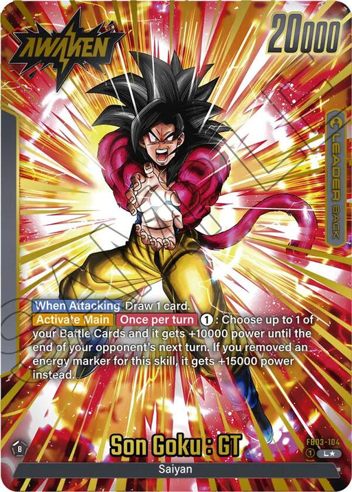 Image of a Dragon Ball Super: Fusion World Leader Card featuring "Son Goku : GT (FB03-104) (Alternate Art) [Raging Roar]" in his Super Saiyan 4 form. Goku is depicted in a dynamic pose with glowing red and black hair, surrounded by vibrant energy. The card displays stats with an attack power of 20,000, special abilities, and a vibrant gold and red background.