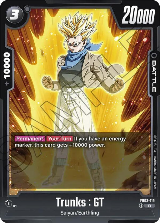 A Dragon Ball Super: Fusion World Battle Card, named "Trunks : GT (FB03-119) [Raging Roar]," showcases Trunks in his Super Saiyan form with blonde hair. He is dressed in a beige outfit and blue scarf, surrounded by a golden aura. This card boasts 20,000 power and offers a "+10,000" bonus with a specific trigger condition detailed below.