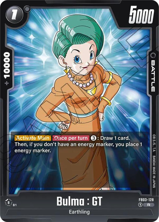 Here's a revised version using the provided product data:
"A trading card featuring Bulma GT from Dragon Ball Super: Fusion World. She has short turquoise hair, wears an orange dress, a purple scarf, and yellow boots. The Battle Card titled 'Bulma : GT [Raging Roar]' has a power level of 5000, provides a +10000 boost, and allows the player to draw one card.