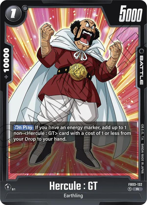 The "Hercule : GT [Raging Roar]" battle card from the Dragon Ball Super: Fusion World series showcases Hercule in a striking red and white outfit with a gold medallion. Depicted shouting with clenched fists against a colorful radial burst background, the card boasts 5000 power and includes text detailing an energy marker ability.