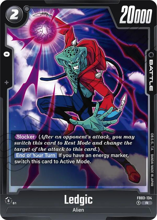 A trading Battle Card from the Dragon Ball Super: Fusion World series, titled "Ledgic [Raging Roar]," showcases an alien named Ledgic with light blue skin, red eyes, and a mask adorned with black spots. Clad in a red jacket and blue pants, Ledgic is depicted in a dynamic pose, emitting a glowing purple energy orb. This powerful card boasts 20000 power and costs 2 energy to play, featuring the abilities "Blocker" and "End of Your Turn.