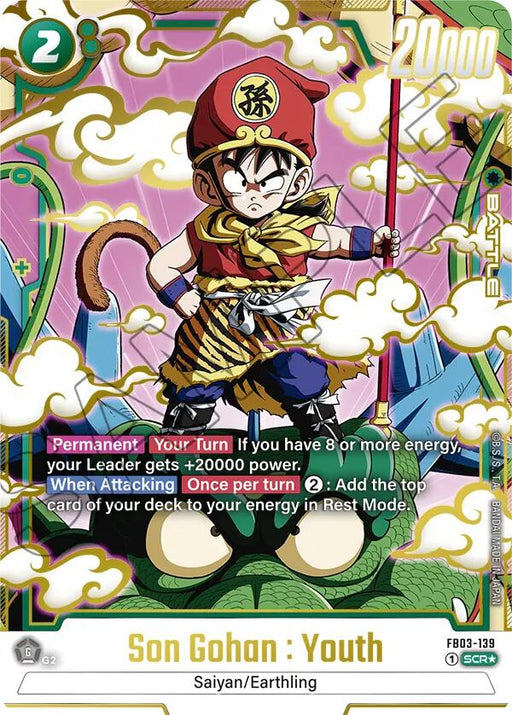 A Dragon Ball Super: Fusion World trading card featuring a Secret Rare Son Gohan: Youth (FB03-139) (Alternate Art) [Raging Roar], showcasing him in a martial arts pose while dressed in traditional Saiyan armor and wearing a hat with the Four-Star Dragon Ball symbol. The card displays his abilities, including the Raging Roar attack, with an energy cost of 2 and a power level of 20000.