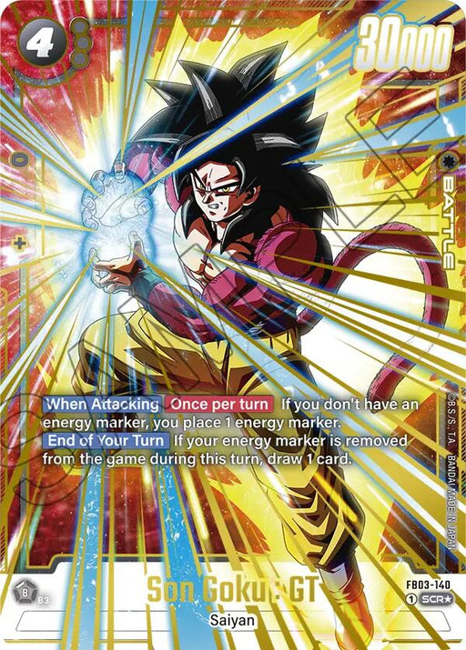 A Dragon Ball Super: Fusion World trading card showcasing Son Goku : GT (FB03-140) in his Raging Roar form. This Alternate Art Secret Rare card captures him mid-attack with energy charged in his hands, featuring 4 energy icons, a power level of 30,000, and specific game text about energy markers and drawing cards.