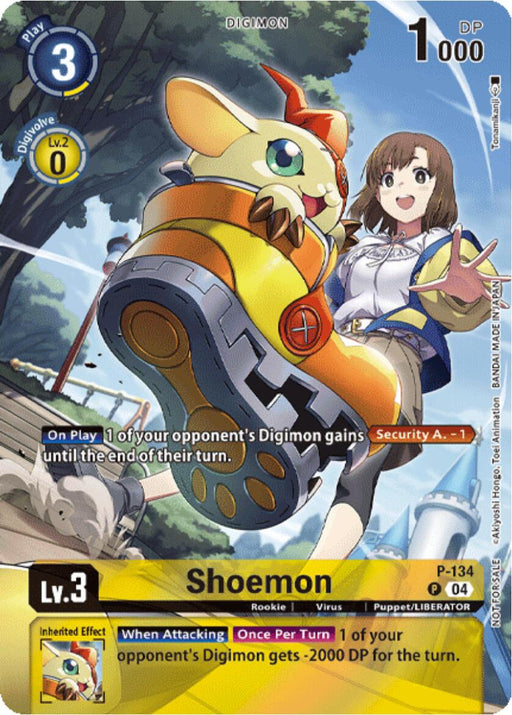 The image depicts a Digimon promotional card, Shoemon [P-134] (Digimon Liberator Promotion) (Textured). The card features Shoemon, a yellow Digimon with a large orange shoe and a smaller tan shoe. A young girl stands beside Shoemon. The card details include Digimon's stats, abilities, and effects, with text and graphics indicating its gameplay mechanics.