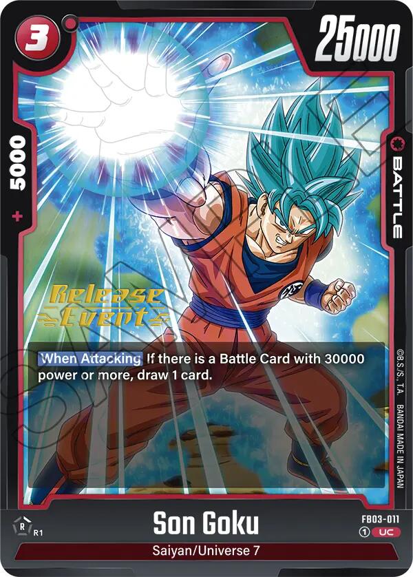 A card from the Dragon Ball Super: Fusion World collection, specifically the Son Goku (FB03-011) from the Raging Roar Release Event Cards set, showcases the character with spiky blue hair in an orange and blue outfit. He is depicted charging a glowing energy sphere in his hand. The battle card text reads 