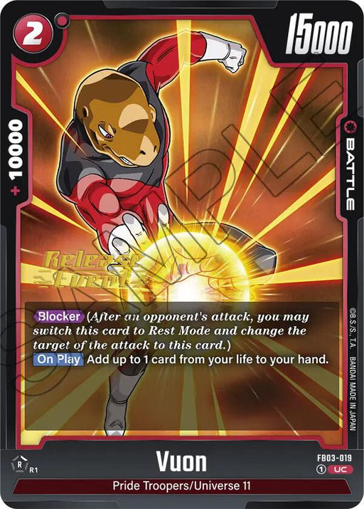 The trading card "Vuon [Raging Roar Release Event Cards]" from the Dragon Ball Super: Fusion World collection showcases Vuon from the Pride Troopers/Universe 11, dressed in striking red and black attire, as he charges a powerful energy attack. This card features 15,000 power, a 2 cost, and includes the abilities "Blocker" and "On Play." The card also has a sample watermark across it.