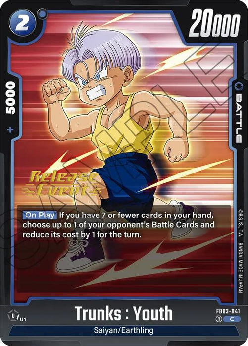 The Trunks: Youth [Raging Roar Release Event Cards] from Dragon Ball Super: Fusion World features a youthful Trunks in an action pose with a fierce expression, wearing a sleeveless blue top and yellow pants. The card includes the text "Trunks: Youth," "Saiyan/Earthling," and boasts a power level of 20000, along with various stats and abilities.