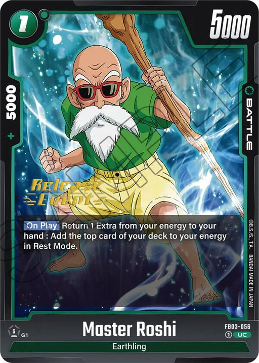 A Battle Card from the Dragon Ball Super: Fusion World brand, titled Master Roshi [Raging Roar Release Event Cards], features Master Roshi with a bald head, sunglasses, white beard, and mustache. He is depicted holding a staff while wearing a green shirt and yellow shorts. The card's stats display a power level of 5000. The text on the card states: "On Play: Return 1 Extra from your energy to your hand; add the top card of your deck to your energy in Rest Mode.