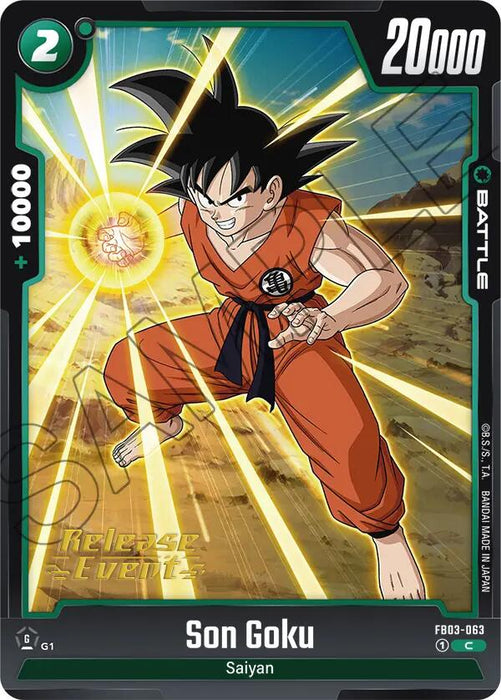 A Battle Card featuring Son Goku (FB03-063) from the "Raging Roar Release Event Cards" series by Dragon Ball Super: Fusion World. Dressed in his iconic orange martial arts outfit with black hair, Goku is captured mid-action, firing a bright energy blast from his right hand. The card is adorned with stats and text like "20,000 BATTLE.